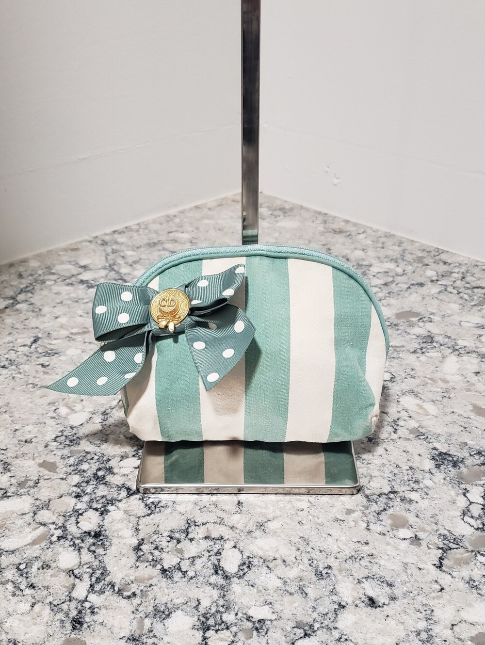 Christian Dior Green Stripe Cosmetic Polka-dot Bow Pouch with Gold Tone CD pin